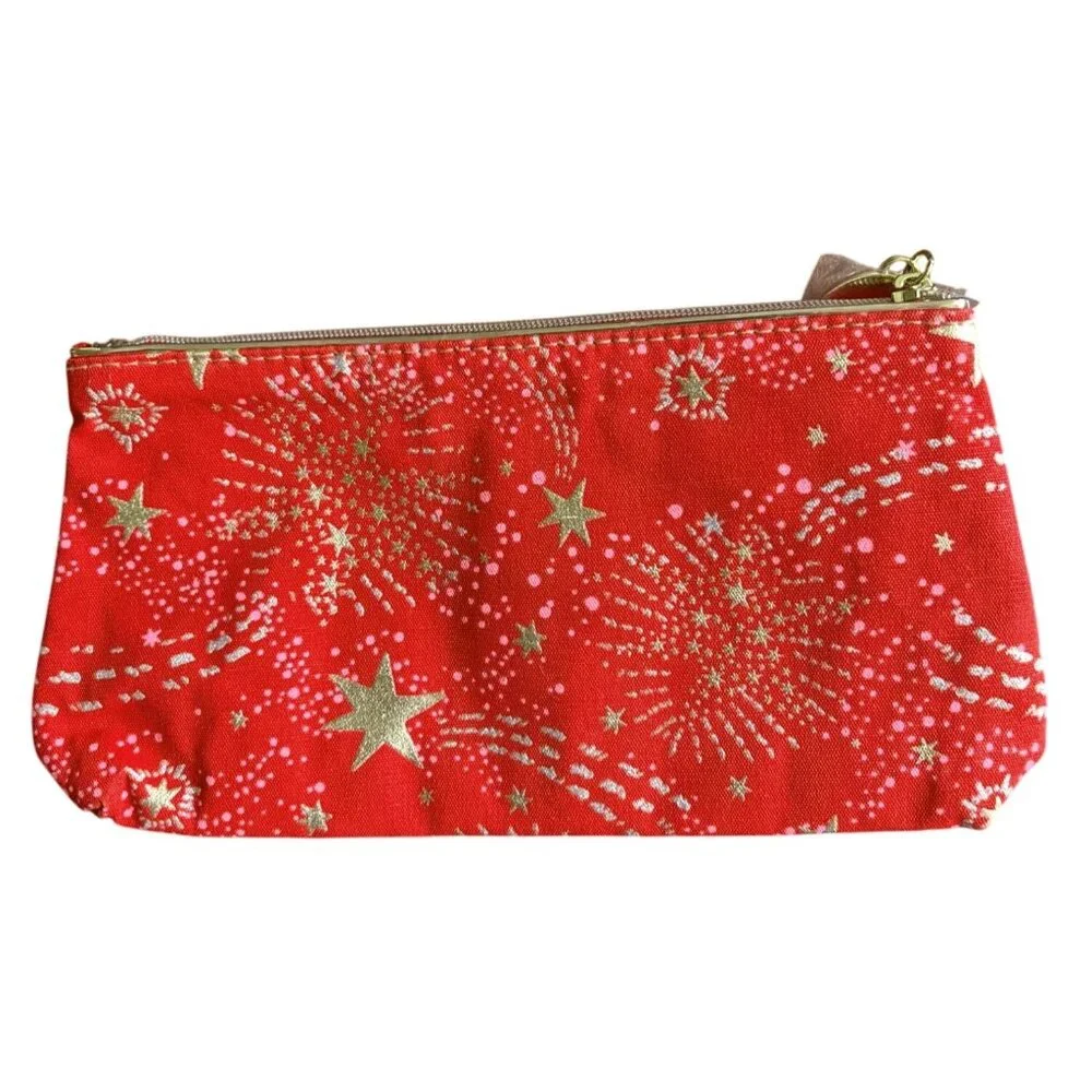 Estée Lauder Red & Gold Starburst Zip Top Cosmetic Bag + Bonus Lipstick